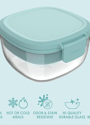 Bentgo Glass All-in-One Salad Container - Large 61-oz Salad Bowl with Lid, 4-Compartment Bento-Style Tray, 3-oz Sauce Container & Reusable Fork - Dishwasher, Microwave, Oven Safe (Coastal Seaglass)