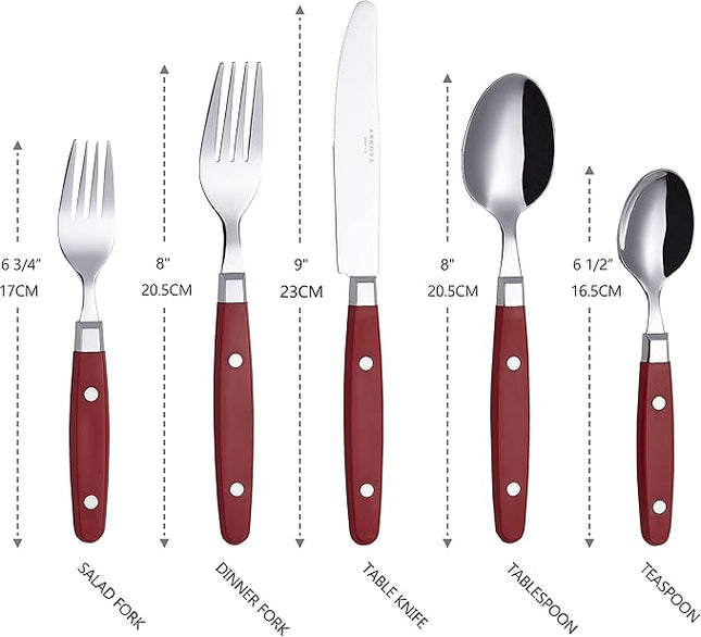 ANNOVA Silverware Set, Retro/Rivet Colorful Stainless Steel Tableware Kitchen Flatware Set Utensils, Includes Dinner Knives, Forks, Spoons, Salad Forks & Dessert Spoons (Red, 20 Pieces)