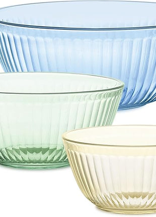 Pyrex Colors Tinted 3-PC, Unlidded Small/Medium/Large Glass Mixing Bowls, Nesting Space Saving Set of Bowls For Prepping and Baking, 1.3QT, 2.3QT & 4.5QT