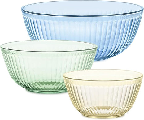 Pyrex Colors Tinted 3-PC, Unlidded Small/Medium/Large Glass Mixing Bowls, Nesting Space Saving Set of Bowls For Prepping and Baking, 1.3QT, 2.3QT & 4.5QT