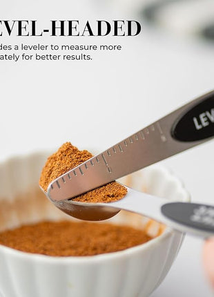 Stanless Steel Magnetic Measuring Spoons Set with Leveler - 8-Piece Heavy Duty Metal, Dual Sided, Stackable, BPA Free, Stainless Steel Measuring Spoons for Dry & Liquid Ingredient - Fits in Spice Jars