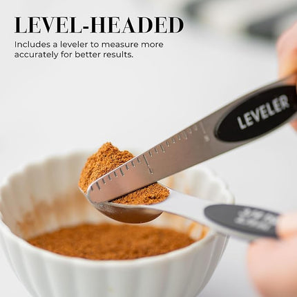 Stanless Steel Magnetic Measuring Spoons Set with Leveler - 8-Piece Heavy Duty Metal, Dual Sided, Stackable, BPA Free, Stainless Steel Measuring Spoons for Dry & Liquid Ingredient - Fits in Spice Jars
