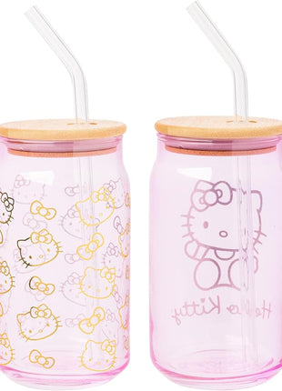 Silver Buffalo Sanrio Hello Kitty Gold 2 Pack Pink Glass Jar Tumbler with Bamboo Lid and Glass Straw, 16 Ounces