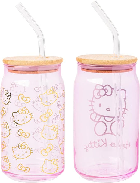 Silver Buffalo Sanrio Hello Kitty Gold 2 Pack Pink Glass Jar Tumbler with Bamboo Lid and Glass Straw, 16 Ounces