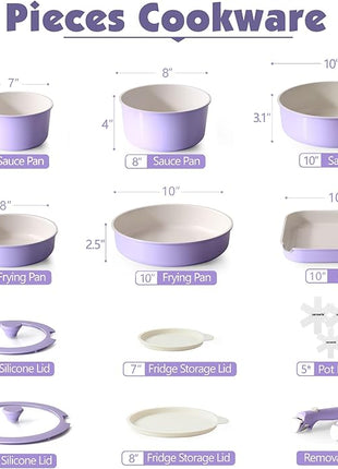 SENSARTE 17 Piece Ceramic Pots and Pans Set, Nonstick Detachable Handle Cookware, Induction Kitchen Cookware Set with Removable Handle, Dishwasher ＆ Oven Safe (Purple)