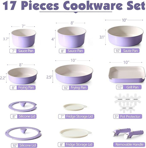 SENSARTE 17 Piece Ceramic Pots and Pans Set, Nonstick Detachable Handle Cookware, Induction Kitchen Cookware Set with Removable Handle, Dishwasher ＆ Oven Safe (Purple)