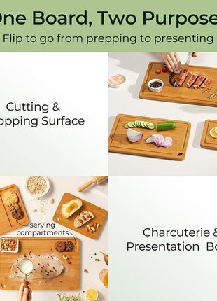 Bamboo Cutting Board, Durable Wood Cutting Boards for Kitchen with Deep Juice Grooves & Built-in Handles, Ideal Charcuterie & Chopping for Meat, Vegetables and Fruits Ideal Kitchen Gifts