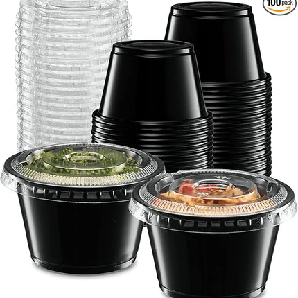 (4 oz - 100 Sets) Black Diposable Plastic Portion Cups With Lids, Small Mini Containers For Portion Controll, Jello Shots, Meal Prep, Sauce Cups, Condiments, Medicine, Dressings,