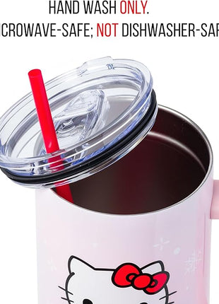 Silver Buffalo Sanrio Hello Kitty Christmas Holiday Dress and Matching Bow Snowflakes Stainless Steel Tumbler with Handle and Straw, Fits in Standard Cup Holder, 40 Ounces