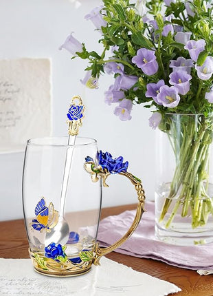 OEAGO Gifts for Mom Women Mothers Day Glass Coffee Enamels Mug Best Birthday Butterfly Rose Gifts for Her from Daughter Son Lead-Free Christmas Blue Tea Cup with Spoon Set
