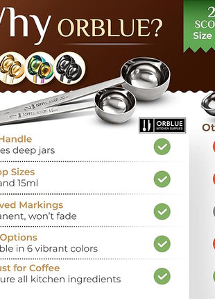 Orblue Premium Coffee Scoop Set - 1 Tbsp (15ml) & 2 Tbsp (30ml) Measuring Tablespoon - Stainless Steel Coffee Measuring Spoon and Scooper with Long Handles - Pack of 2