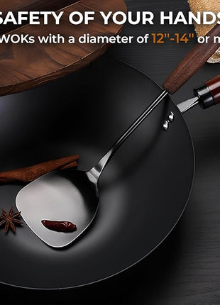 Wok Spatula and Ladle,Skimmer Ladle Tool Set,15 Inches 18/10 Stainless Steel Vintage Wok Utensils,Wok Spatula and Ladle Set with Solid Wooden Handle，Wok Accessories with Natural Cleaning Loofah Sponge