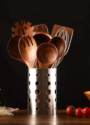 Wooden Kitchen Utensils Set with Holder, NAYAHOSE 11 Pcs Teak Wooden Cooking Spoons and Spatulas with Stainless Steel Storage Barrel