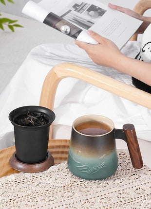 ZENS Embossed Ceramic Tea Mug with Infuser and Lid, 14.5 oz Wooden Handle, Loose Leaf Tea Steeper Cup & Strainer for Tea Lovers Gifts