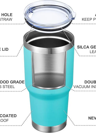 MEWAY 30oz Insulated Tumbler With Lids and Straws,Stainless Steel Double Vacuum Coffee Tumbler Cup, Brush, Durable Powder Coated Coffee Cup for Cold & Hot Drinks(Light Blue,8 PACK)
