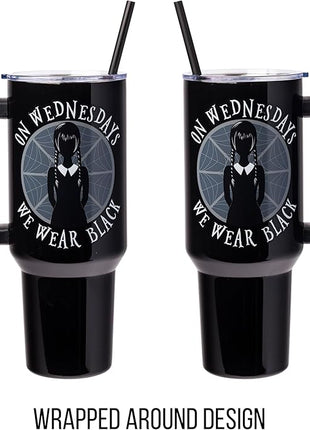 Silver Buffalo The Addams Family Wednesday On Wednesdays We Wear Black Stainless Steel Tumbler with Handle and Straw, Fits in Standard Cup Holder, 40 Ounces