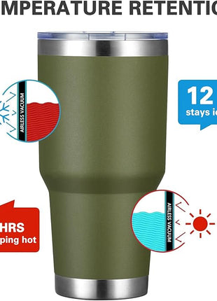 MEWAY 30oz Insulated Tumbler With Lids and Straws,Stainless Steel Double Vacuum Coffee Tumbler Cup, Brush, Durable Powder Coated Coffee Cup for Cold & Hot Drinks, Office, Travel(Army Green,8 PACK)
