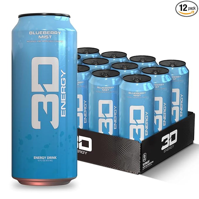 3D Energy Drink – Sugar Free, 200mg Caffeine, Pre Workout, Taurine, L-Carnitine, Lightly Carbonated, 16oz Cans, 12 Pack - Blueberry Mist