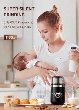 SHARDOR Electric Super Silent Blade Coffee Grinder, Timed Grind Control Rotary Knob, Adjustable Coarse to Fine for Coffee Beans, Spices & Herbs, with 1 Removable Stainless Steel Bowl, Black