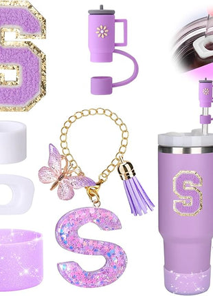 Mity rain 6PCS Cup Accessories Set for Stanley Cup 30oz 40oz tumbler with handle, Including Silicone Straw Topper Cover Cap and Boot, Spill Proof Stopper, Handle Charm, Initials Sticker (Letter S)