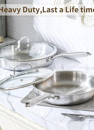 DELARLO Kitchen Whole Body Tri-Ply Stainless Steel Frying Pan, 12 inch,Stainless Steel, Oven safe induction skillet, Pots and Pans set,Suitable for All Stove