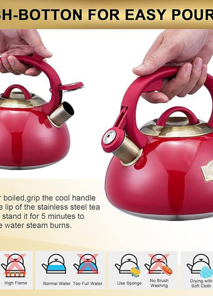 Whistling Tea Kettle Stainless Steel Teapot, Teakettle for Stovetop Induction Stove Top, Fast Boiling Heat Water Tea Pot 2.5 Quart(Red)