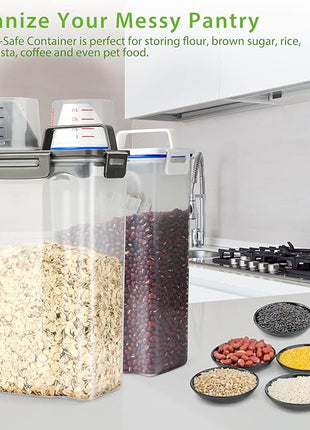 Rice Airtight Storage Container, 3 to 5Lbs Cereal Dry Food Flour Bin, Pet Dog Cat Food Dispenser with Measuring Cup, BPA Free Clear Plastic Kitchen and Pantry Organization Bin for Sugar