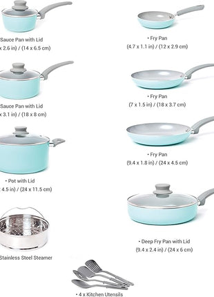 Mueller 16-Piece Non-Stick Stone Cookware Set with Steamer and Glass Lids, Turquoise
