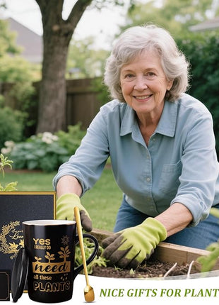 Crazy Gardening Gifts for Women Men - Plant Lover Gift Coffee Mug, Garden Gifts for Gardeners, Plant Lady, Mom, Dad, Son, 14oz Black Ceramic Mug with Gold Print, Lid, Spoon Card, Luxury Gift Boxed
