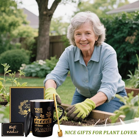 Crazy Gardening Gifts for Women Men - Plant Lover Gift Coffee Mug, Garden Gifts for Gardeners, Plant Lady, Mom, Dad, Son, 14oz Black Ceramic Mug with Gold Print, Lid, Spoon Card, Luxury Gift Boxed