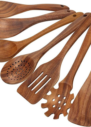 comfoyar Teak Wooden Spoons for Cooking, 7 Pieces Kitchen Cooking Utenails Set with Spatula and Ladle, Heat Resistant Kitchen Cookware for Nonstick Pan