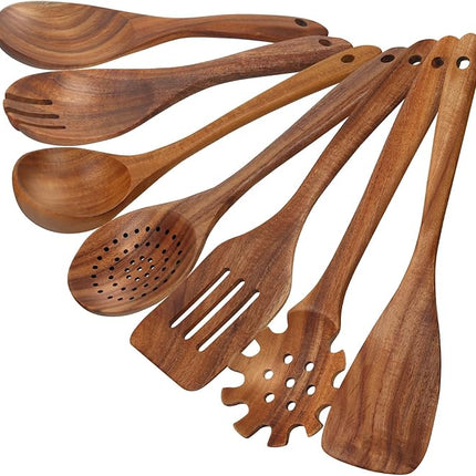 comfoyar Teak Wooden Spoons for Cooking, 7 Pieces Kitchen Cooking Utenails Set with Spatula and Ladle, Heat Resistant Kitchen Cookware for Nonstick Pan