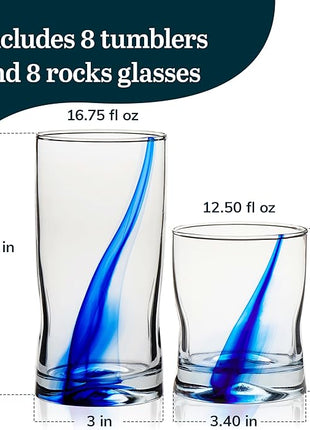 Libbey Blue Ribbon 16 Piece Tumbler and Rocks Glass Set, Infused Blue Ribbon Drinkware Glasses Set, Artisan Inspired Four-Dimple Shaped Rock Glasses, Dishwasher Safe Tumbler Glasses Set