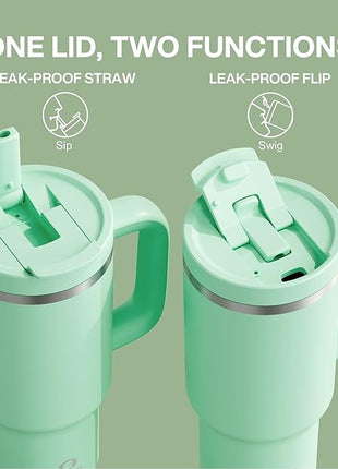 32 oz Tumbler with Handle and Straw: Stainless Steel Insulated Tumbler Keeps Cold for 24 Hours, Leakproof Travel Cup Fits in Cup Holder and BPA-Free,Brook Green