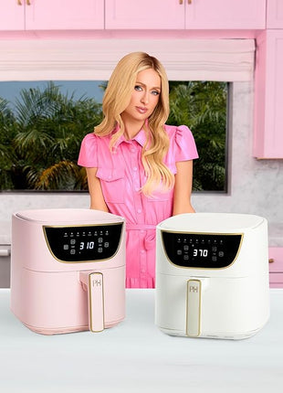 Paris Hilton Air Fryer, Large 6-Quart Capacity, Nonstick Made without PFAS, Touchscreen Display, 8-in-1 (Air Fry, Roast, Broil, Bake, Reheat, Keep Warm, Pizza, Dehydrate), Dishwasher Safe, White