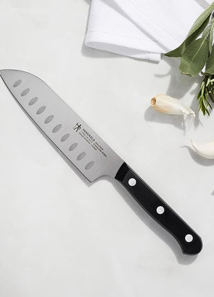 HENCKELS Solution Razor-Sharp Hollow Edge Santoku Knife 5.5 inch, German Engineered Informed by 100+ Years of Mastery, Black/Stainless Steel