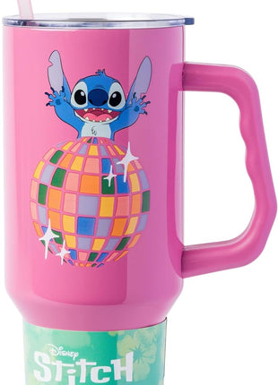 Silver Buffalo Disney Lilo and Stitch Life is a Party Disco Ball Stainless Steel Tumbler with Handle and Straw, Fits in Standard Cup Holder, 40 Ounces