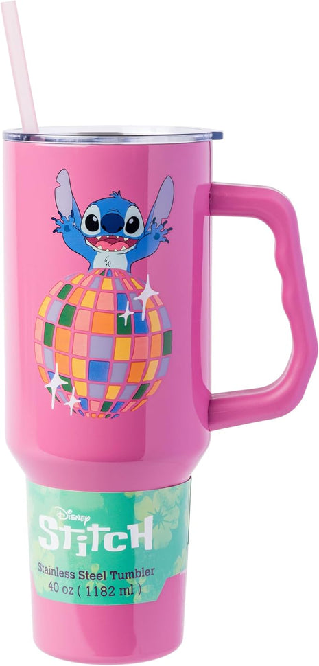 Silver Buffalo Disney Lilo and Stitch Life is a Party Disco Ball Stainless Steel Tumbler with Handle and Straw, Fits in Standard Cup Holder, 40 Ounces