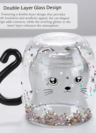 Gifts for Women Cat Gifts Double Walled Glass Coffee Latte Cup Cute Stuff Black Cat Mug Gifts for Her Christmas Stocking Fillers,Birthday,Valentines,Halloween Presents for Women,Men,Kid,Mum,Teacher
