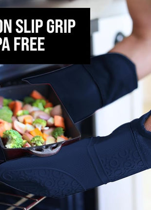 BPA-Free Soft Silicone Oven Mitts - Ultra Heat Resistant Oven Mitts with Thick Cotton Liner - Extra Long Slip Resistant Pot Holders, Flexible Oven Gloves - Navy 14.7"
