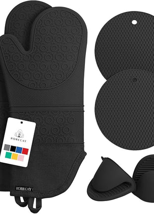 Rorecay 6pcs Oven Mitts and Pot Holders Sets Heat Resistant 500 Degrees, Extra Long and Non-Slip Silicone Oven Gloves Potholders Hot Pads for Kitchen Baking Cooking, Quilted Liner, Black