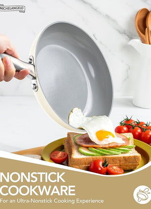 MICHELANGELO Ceramic Pots and Pans Set Non Stick - 8 Pcs Ceramic Cookware Set Non Toxic, Healthy Cooking Set with Ergonomic Handle, Oven Safe & Compatible with All Stovetops - Cream