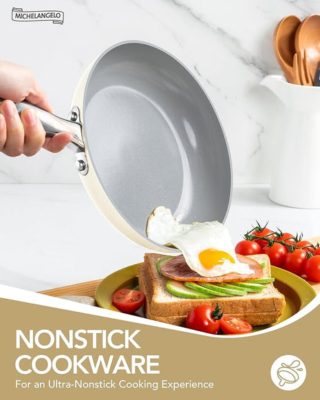 MICHELANGELO Ceramic Pots and Pans Set Non Stick - 8 Pcs Ceramic Cookware Set Non Toxic, Healthy Cooking Set with Ergonomic Handle, Oven Safe & Compatible with All Stovetops - Cream