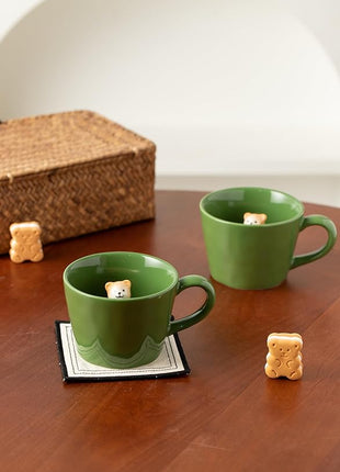 DIHOclub Bow Tie Bear Coffee Cup Hidden Ceramic Animal Inside Mug,Cute Cartoon Handmade Figurine Mugs,Holiday and Birthday Gift for Coffee Milk Tea Lovers,12 Oz(Green)