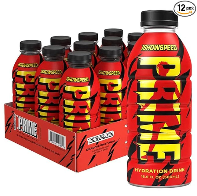 PRIME Hydration ISHOWSPEED, Sports Drinks, Electrolyte Enhanced for Ultimate Hydration, 250mg BCAAs, B Vitamins, Antioxidants, Low Sugar, 16.9 Fl Oz, 12 Pack