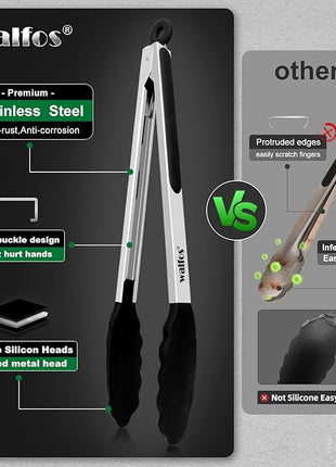 Walfos Kitchen Tongs - Heat Resistant Cooking Tongs Set of 3, Stainless Steel and BPA Free Silicone Tips, Great for Cooking, Grilling, Turning, 7" 9" and 12" (3 black silicone tongs)