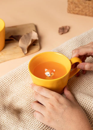 DIHOclub Fox Ceramic Cup Hidden 3D Animal Inside Mug,Cute Cartoon Handmade Figurine Mugs,Holiday and Birthday Gift for Coffee Milk Tea Lovers,12 OZ(Yellow)