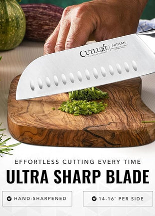 Cutluxe Santoku Knife – 7" Chopping Knife, Vegetable Knife – Forged High Carbon German Steel – Sheath Included – Full Tang & Razor Sharp – Ergonomic Handle Design – Artisan Series