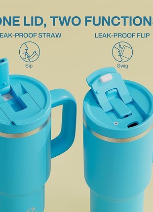 32 oz Tumbler with Handle and Straw: Stainless Steel Insulated Tumbler Keeps Cold for 24 Hours, Leakproof Travel Cup Fits in Cup Holder and BPA-Free,Azure Blue