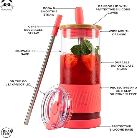 Pandaloo® Glass Cups With Lids and Straws -20 Fl Oz- Perfect Size Iced Coffee Cup - Smoothie Cup With Bamboo Lid and On the go Lid - Glass Tumbler With Straw (1 Count (Pack of 1), Coral)